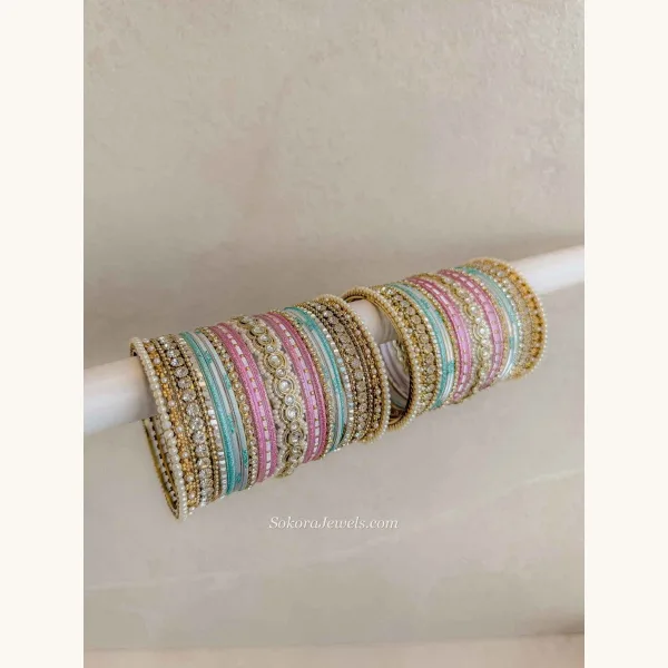 Pastel Bridal Bangle Set – Pink & Blue Kundan Stack