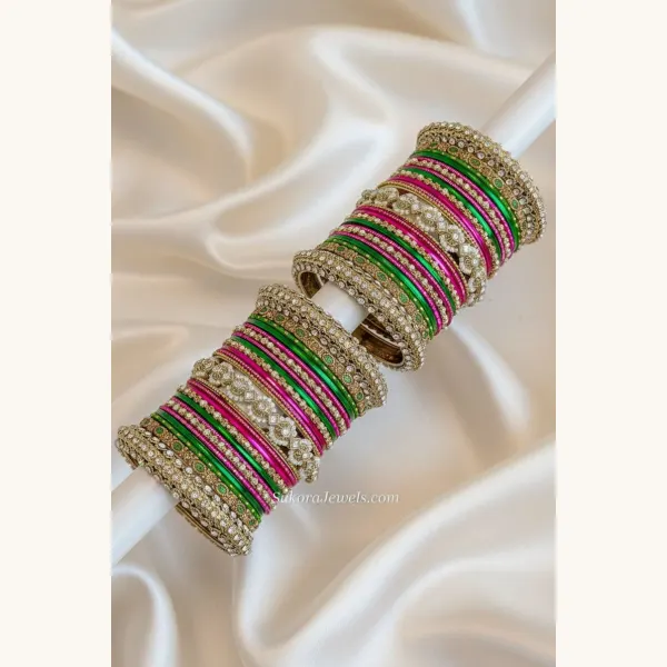 Bridal Multicolour Bangle Set – Pink, Green & Antique Gold