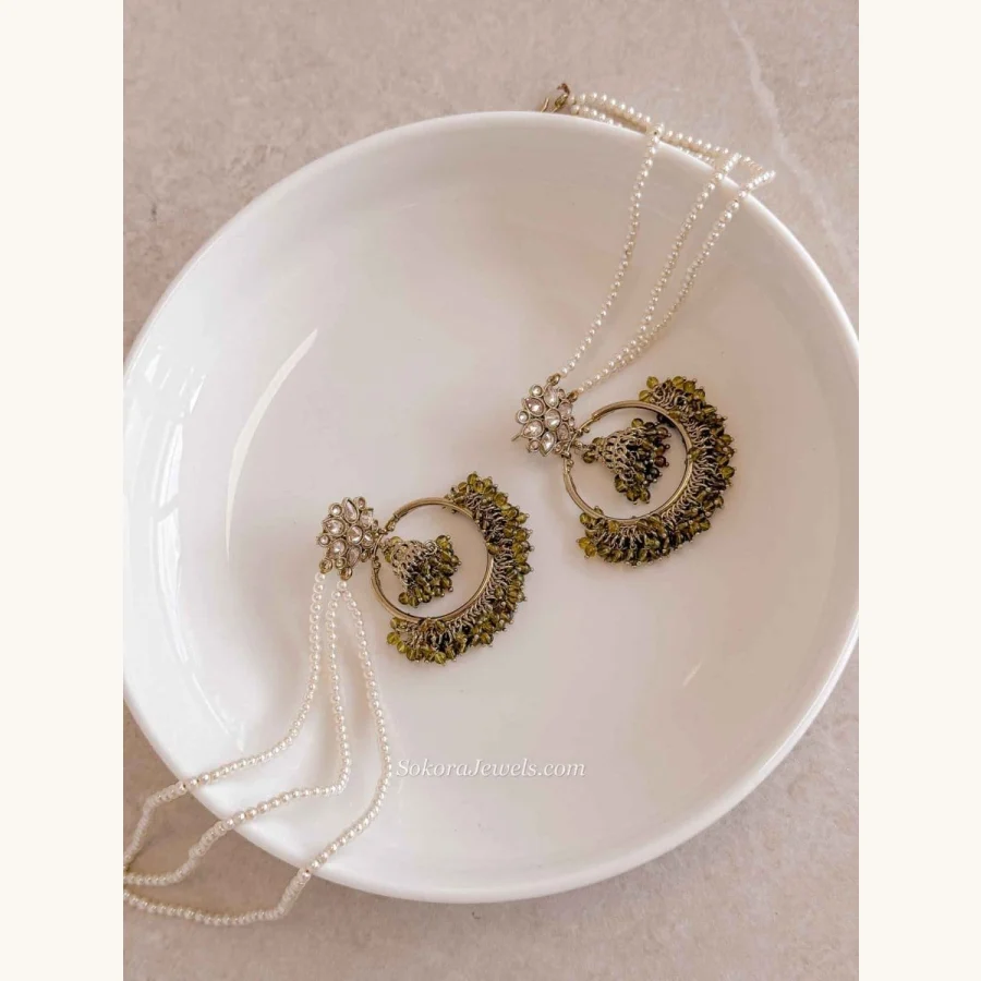 ChandBali Earrings with Pearl chains -  Khaki Green