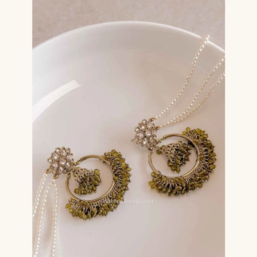 ChandBali Earrings with Pearl chains -  Khaki Green