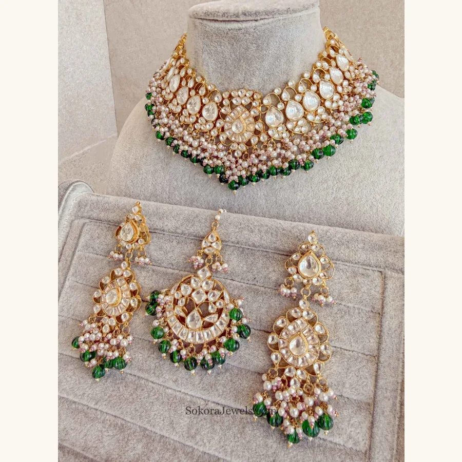 Gold Plated Heritage Kundan Bridal Necklace Set – Green, Pearl & Pastel Detailing