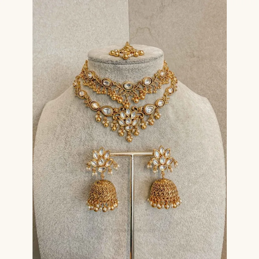 Gold Plated Kundan Bridal Set with Double Necklace & Jhumka Earrings