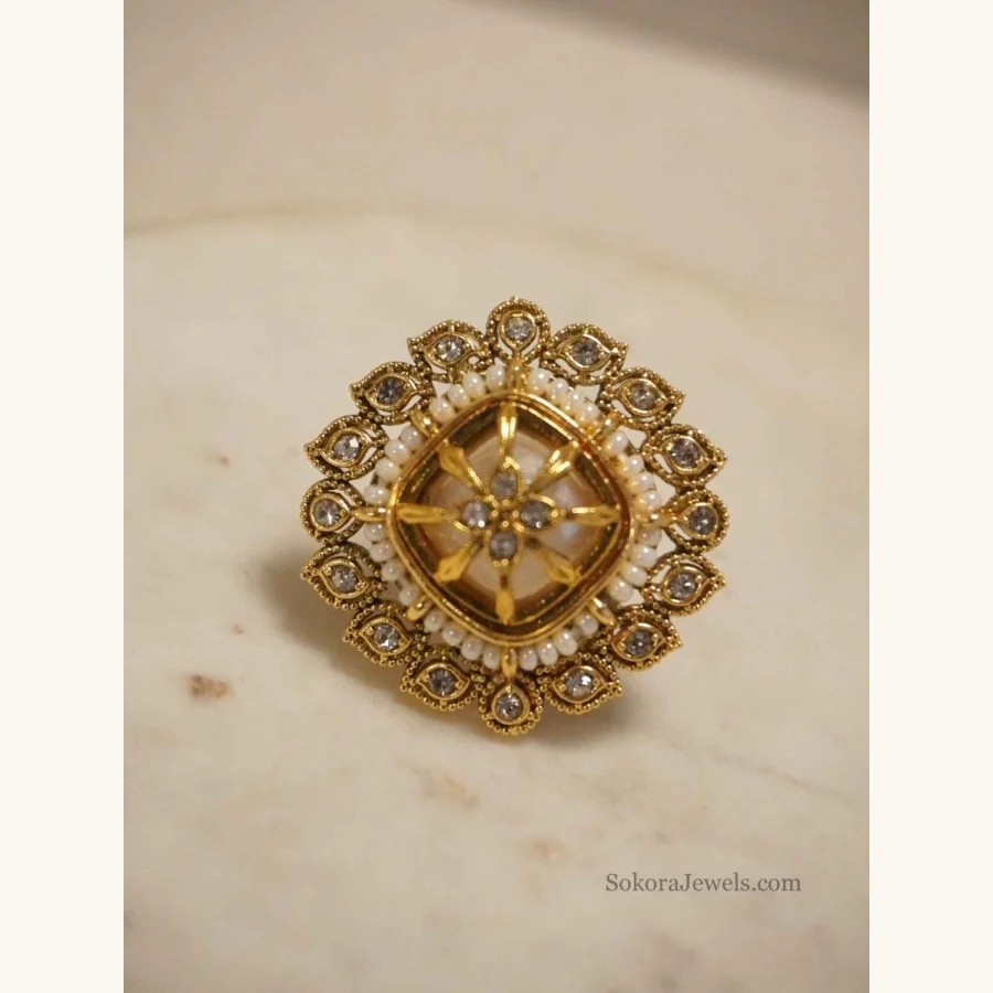 Gold Tone Faux Kundan & Pearl Floral Statement Ring