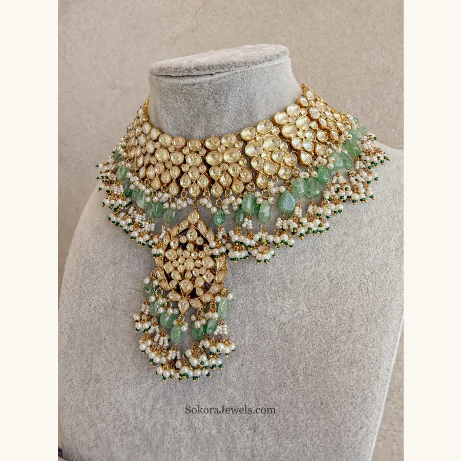 Gold Plated Heritage Kundan Bridal Jewellery Set – Green & Pearl