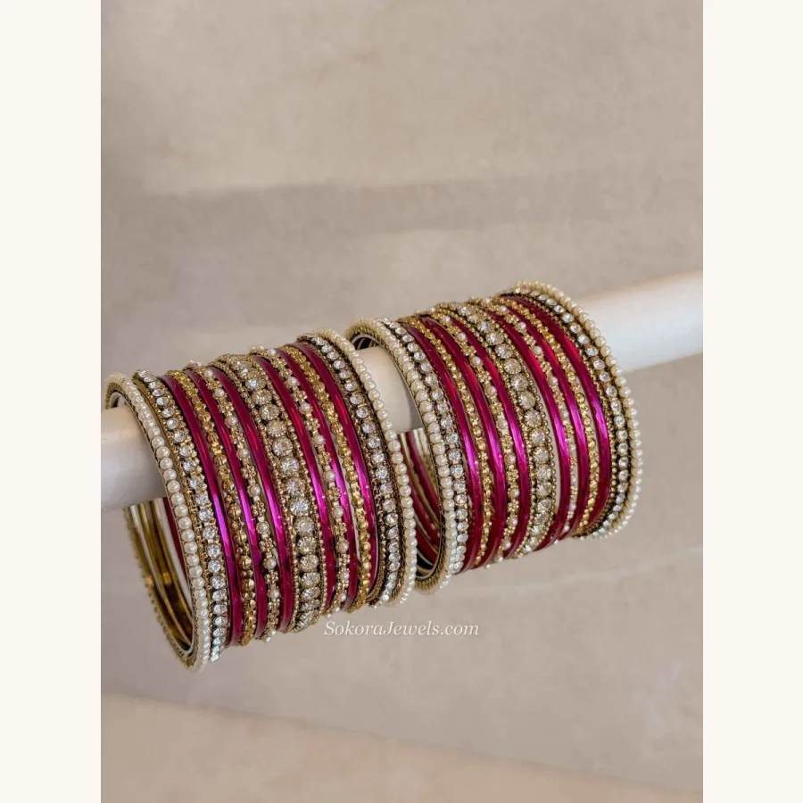 Magenta & Gold Bangles Set – Crystal Stack