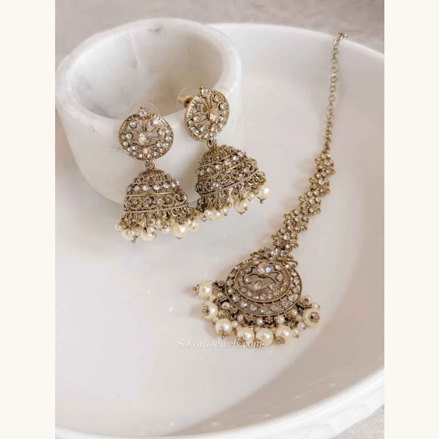 Mandala Crystal & Pearl Jhumka Earrings with Tikka Set