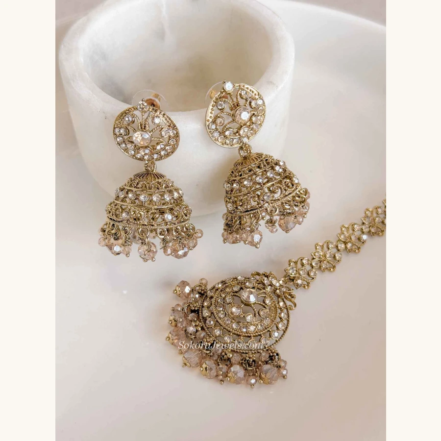 Mandala Golden Crystal Jhumka Earrings with Tikka Set