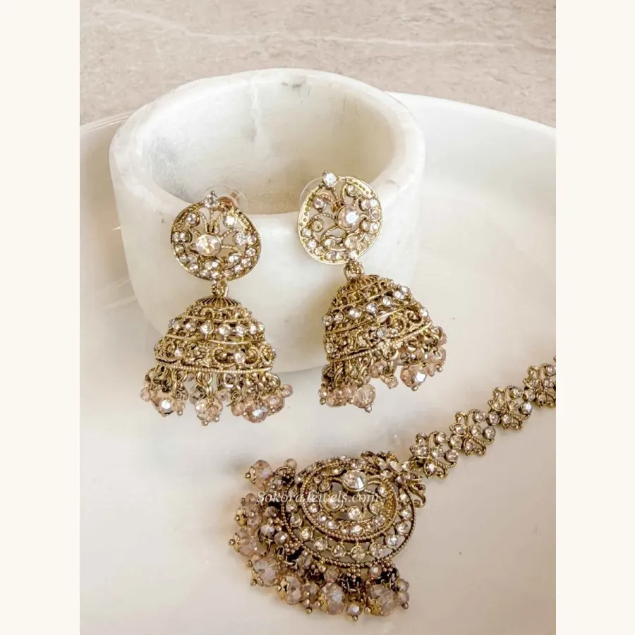 Mandala Golden Crystal Jhumka Earrings with Tikka Set