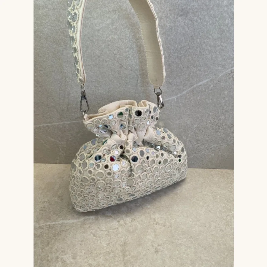 (DAMAGED) Polka Dot Mirror Detail Bag - Off White