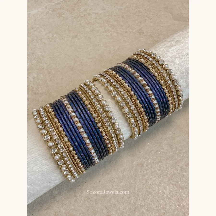 Small Navy and Gold Bangle Set