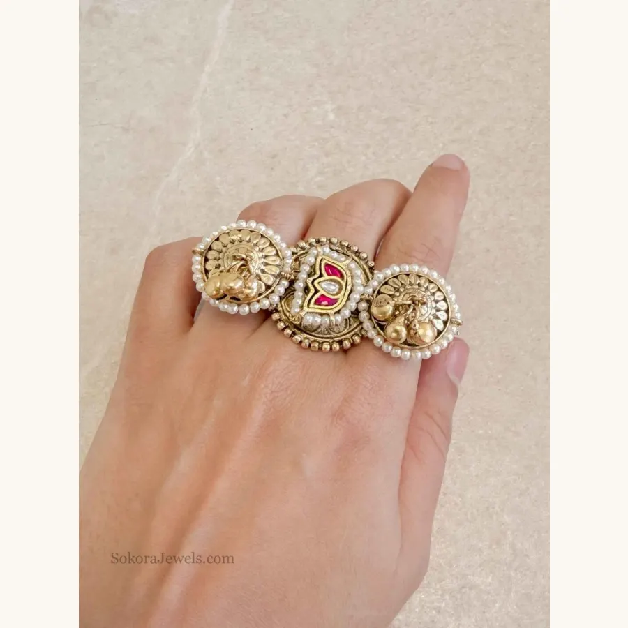 Wide Lotus Motif Kundan ring