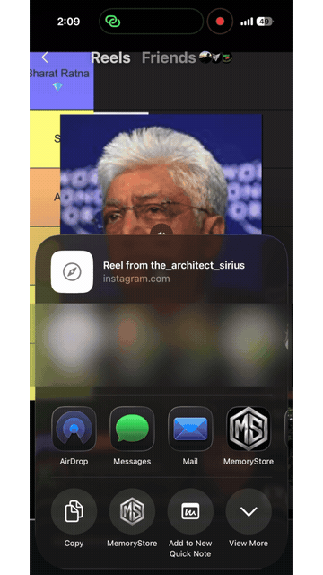 A user shares a video from another app and it appears as a card in MemoryStore