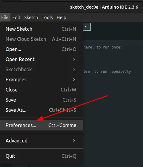 Arduino IDE select file preferences
