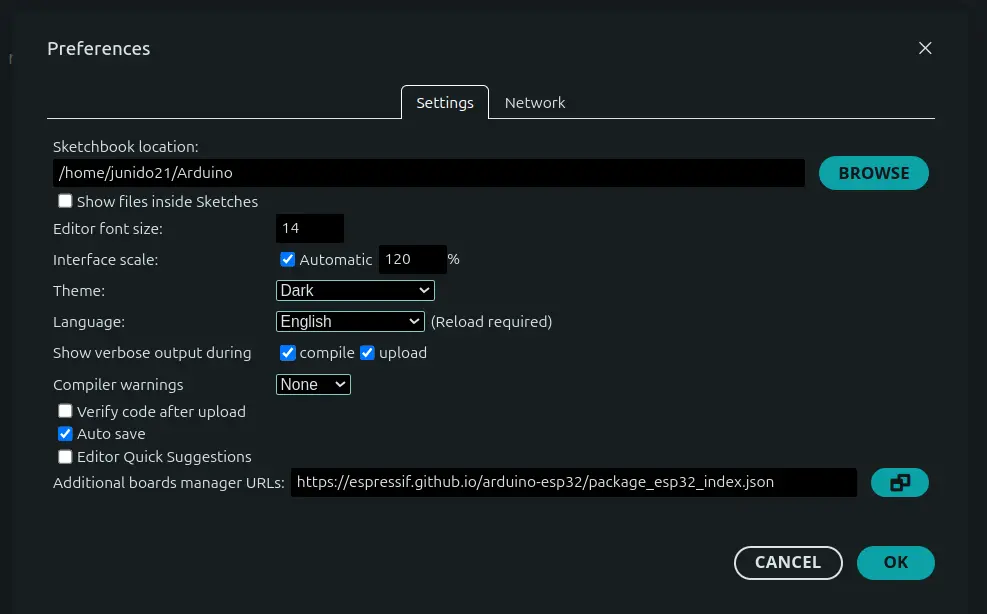 Arduino IDE insert Espressif URL