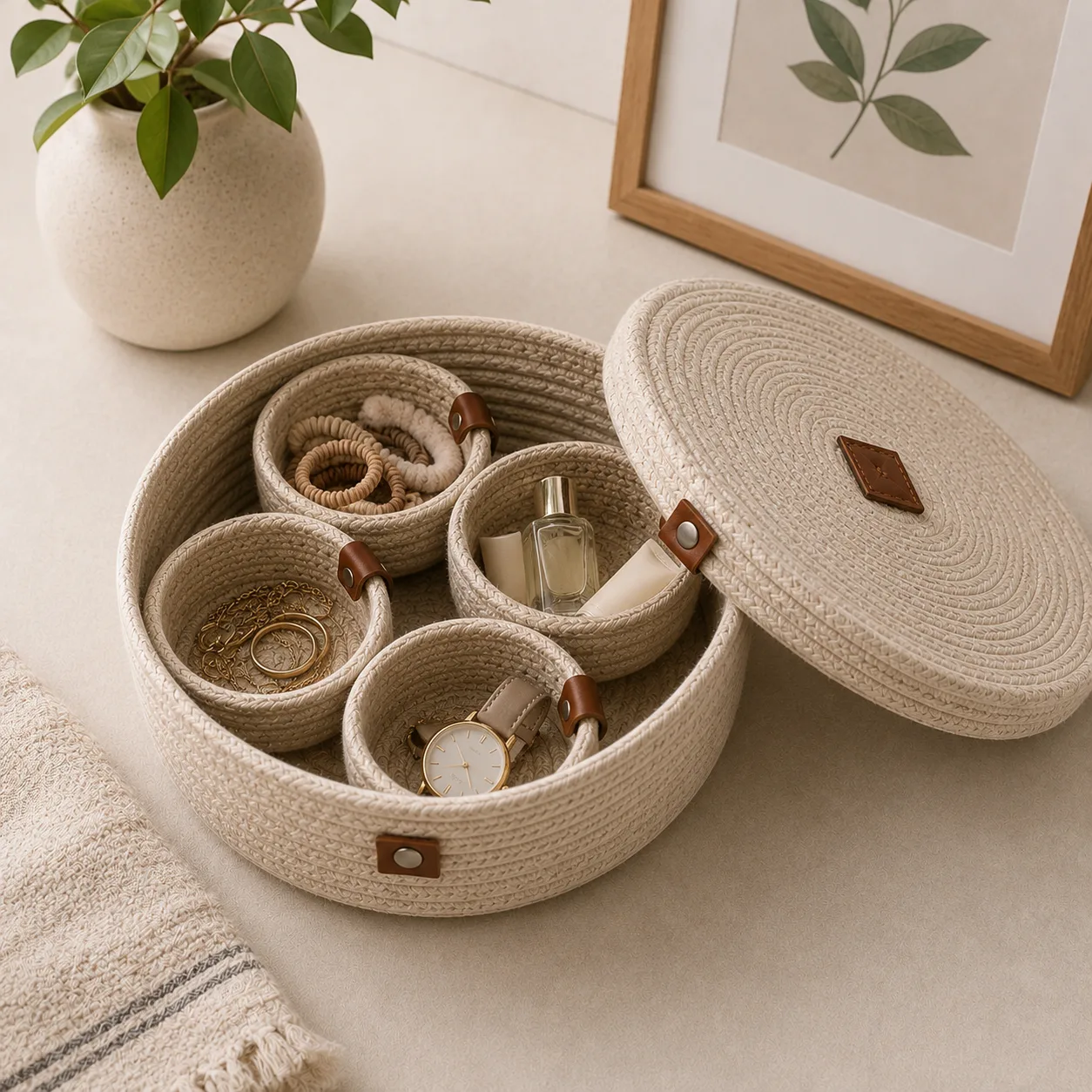 Handmade Cotton Rope Organizer Box with 4 Removable Bowls & Lid – Cream