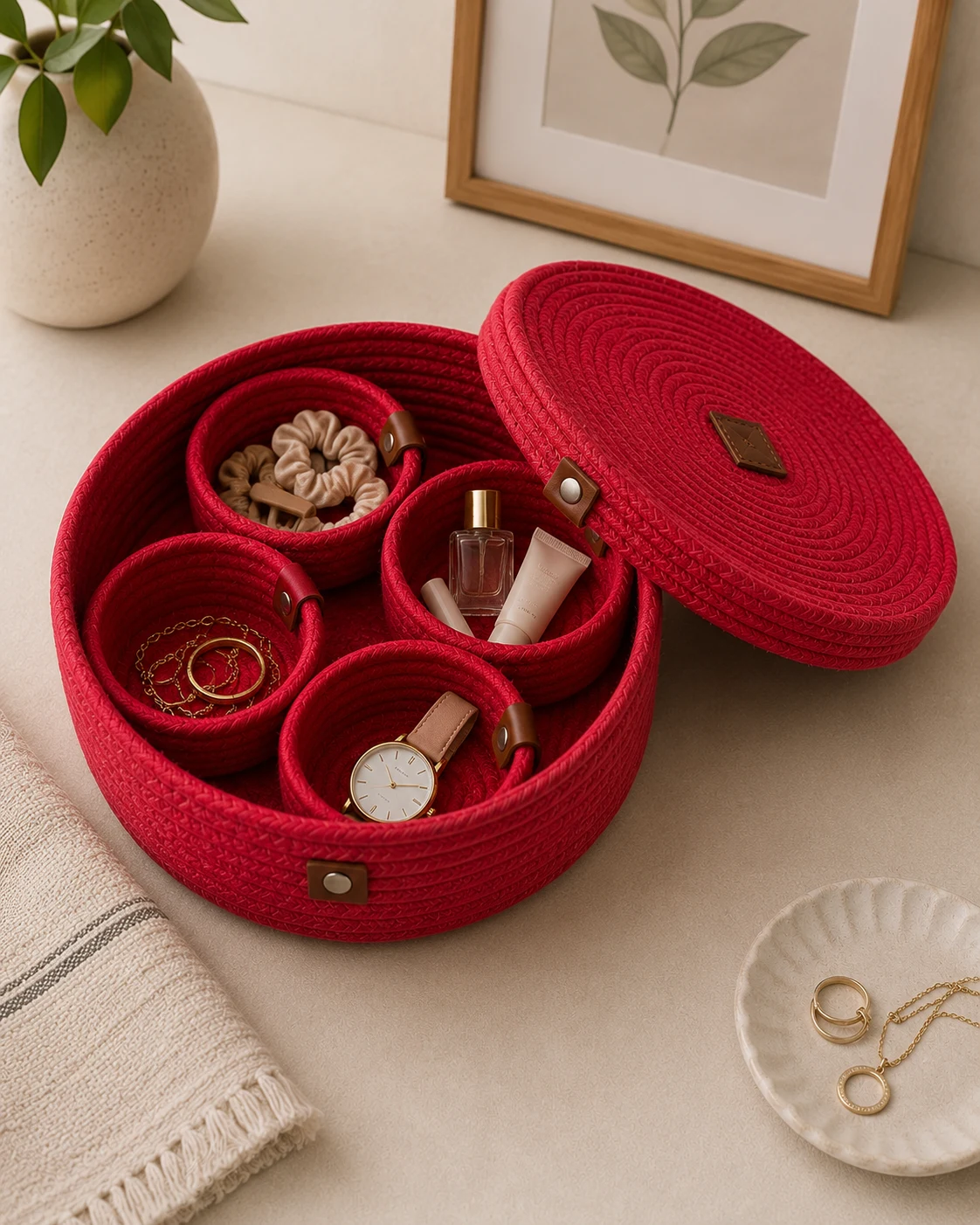 Handmade Cotton Rope Organizer Box with 4 Removable Bowls & Lid – Red