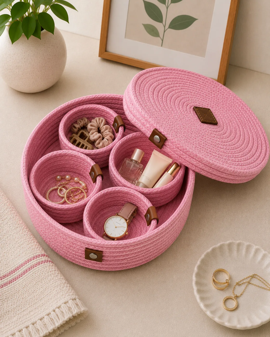 Handmade Cotton Rope Organizer Box with 4 Removable Bowls & Lid 