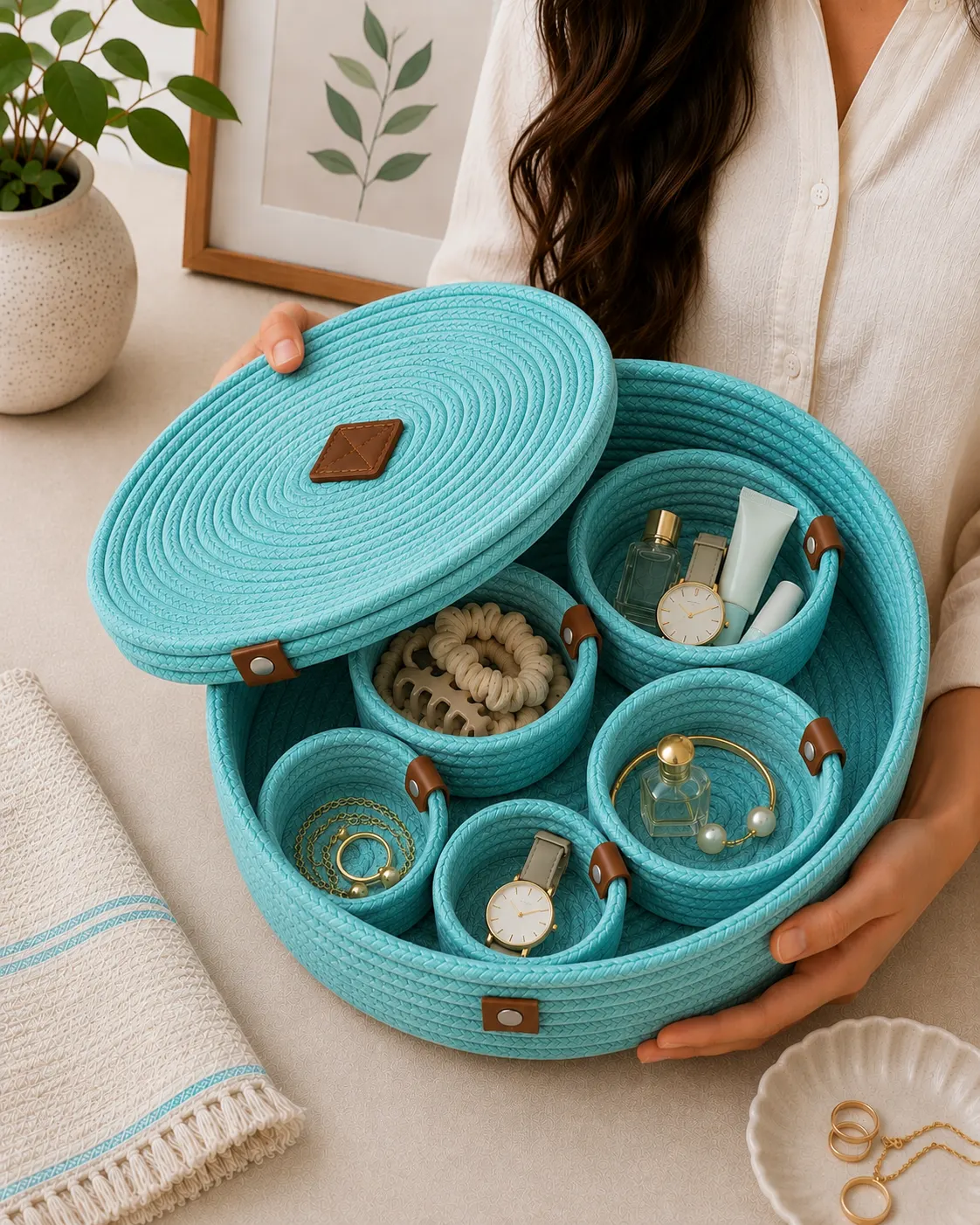 Handmade Cotton Rope Organizer Box with 4 Removable Bowls & Lid – Sky Blue