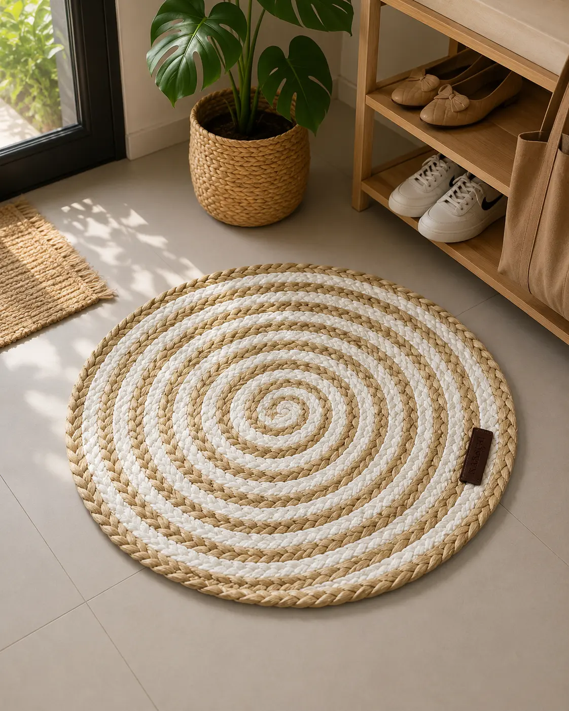 Handmade Natural & White Round Jute Rug