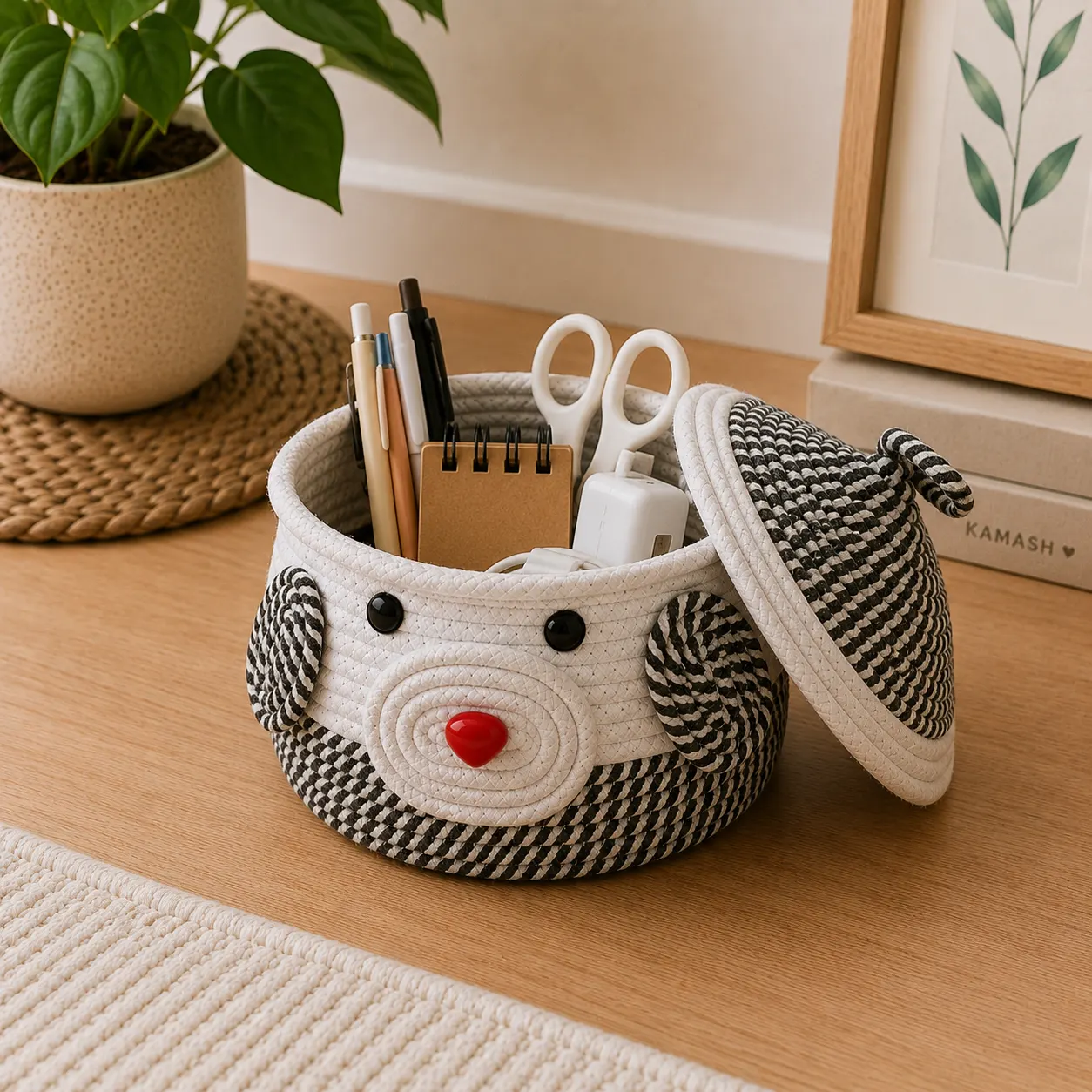 Cute Black & White Jute Puppy Organizer Basket