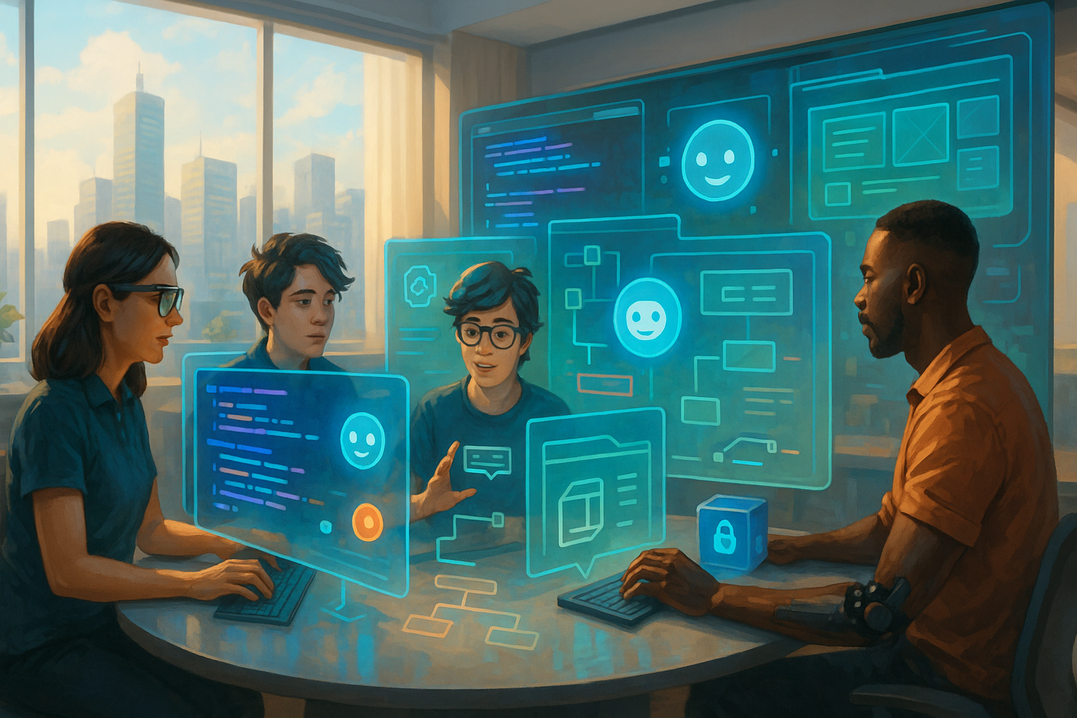 Visionary image of developers collaborating seamlessly with AI agents on complex projects using futuristic interfaces