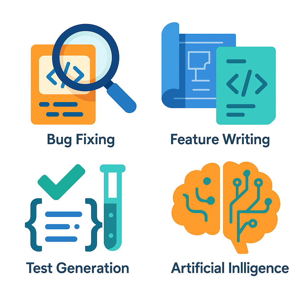 Collage of icons representing OpenAI Codex Agent key features like bug fixing, feature writing, and test generation