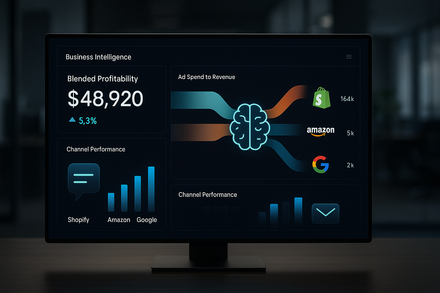 A modern mission control dashboard displaying unified profitability metrics for an ecommerce brand.