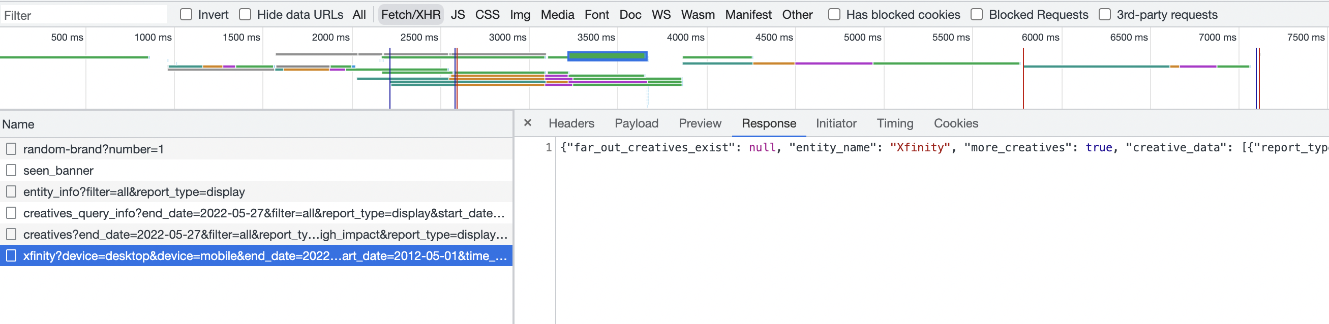 Requests made on load (left) and the response (right)