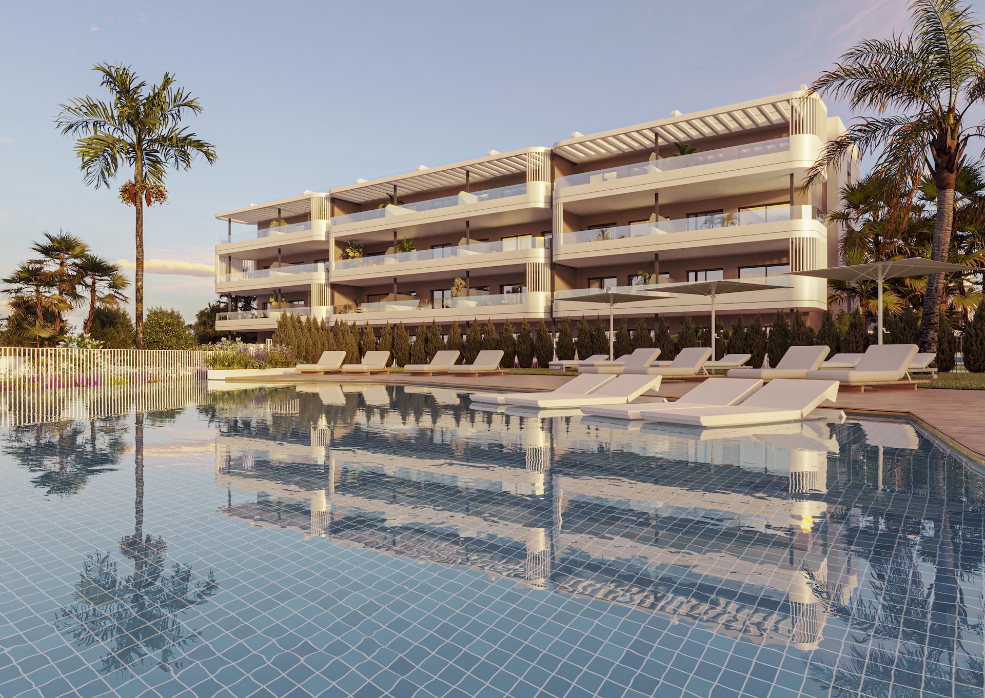 Sunset Village La Hoya exterior render with communal pool, new build apartments in La Hoya, Torrevieja