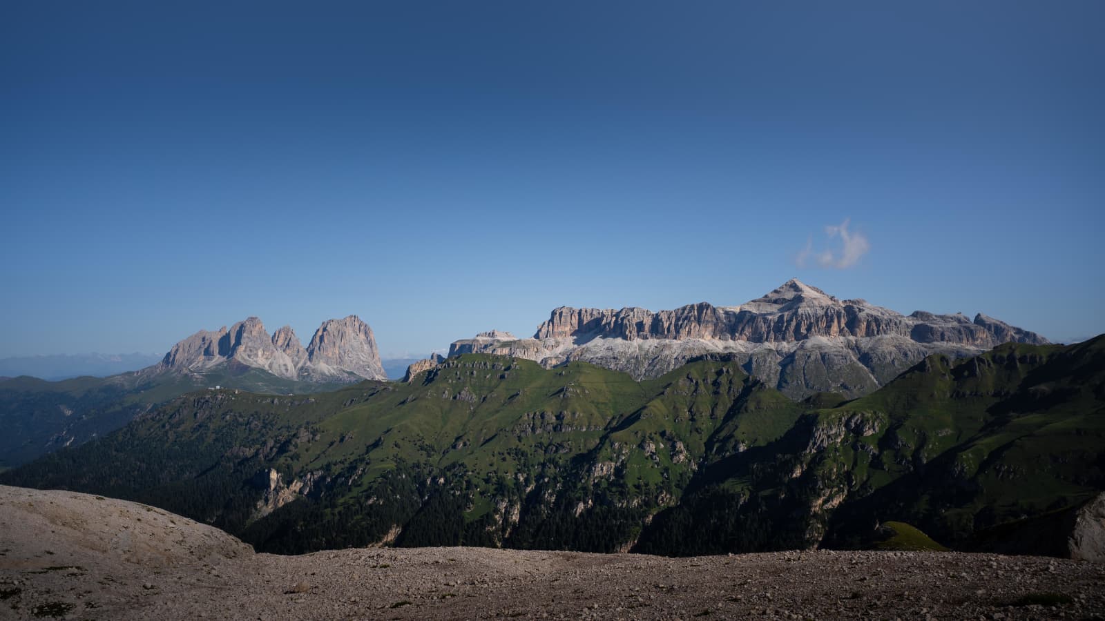 Sassolungo And Sella Group Above Green Ridges