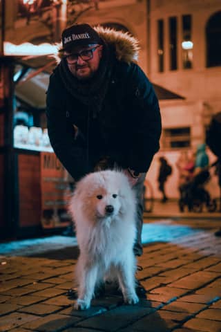 Pies rasy samoyed z właścicielem