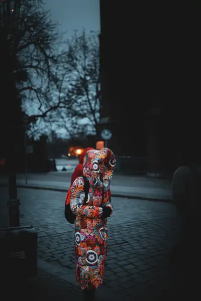 Women in very colorful jacket