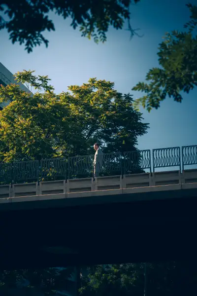 Man walking on a bridge
