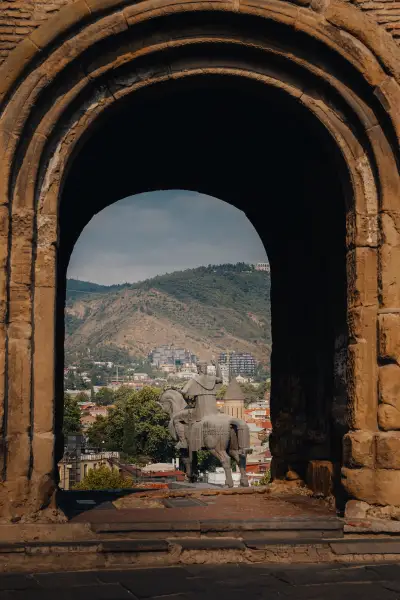 Vakhtang Gorgasali Monument Framed by an Arch at Metekhi Church
