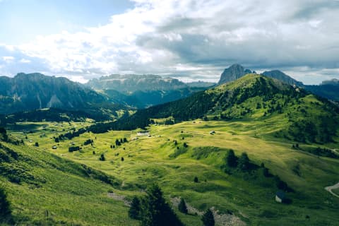 Zielone alpejskie łąki pod szczytami Dolomitów - Seceda