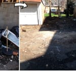Yard Cleanout Before and After: Yard with Rubble and Debris vs. Clean Yard by 1-844-JUNK-RAT
