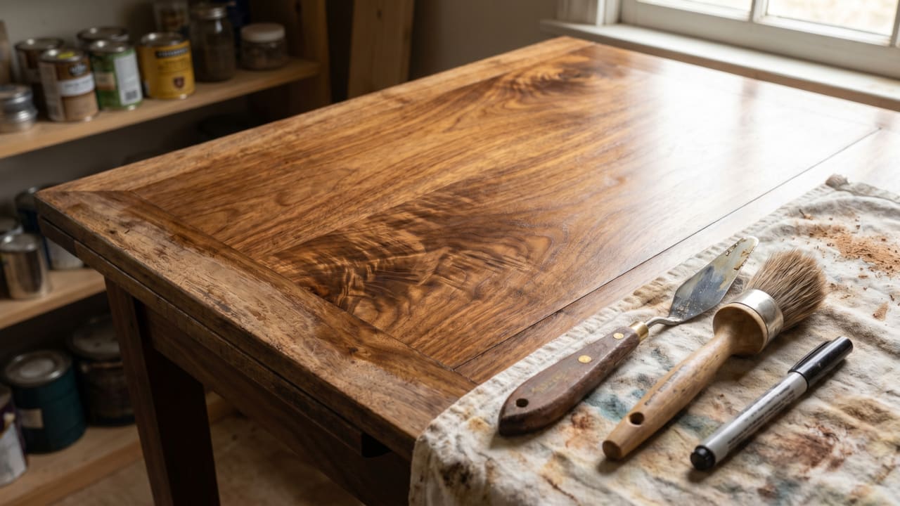 Restored antique walnut table surface showing rich grain after professional furniture repair and refinishing in Frisco DFW