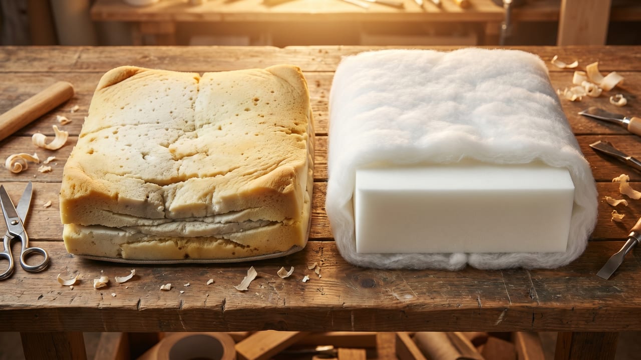 Side-by-side comparison of degraded sofa foam versus new HR foam with Dacron wrap on an upholstery workshop bench