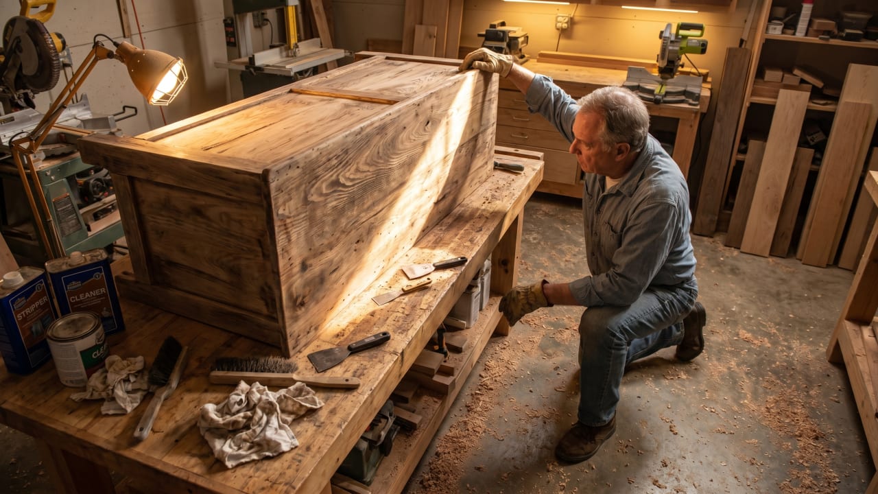 Craftsman inspecting stripped wood furniture under raking light at the Carrollton workshop