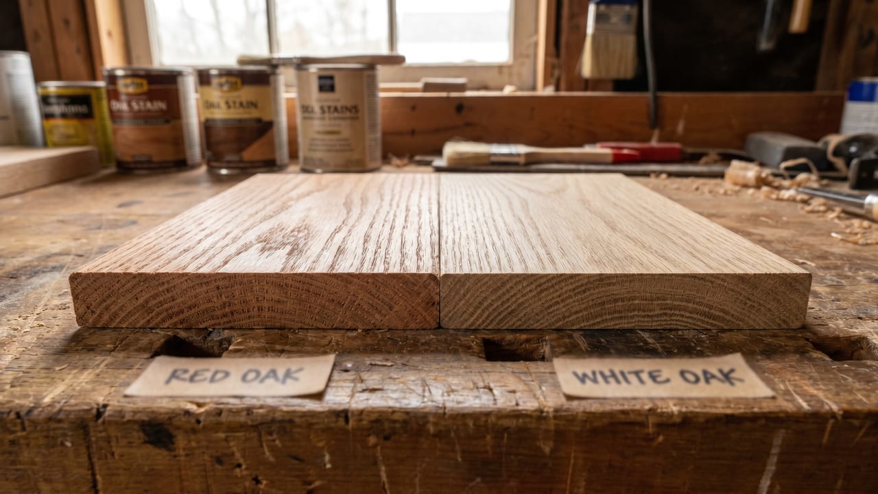 Red oak versus white oak wood samples side by side showing the difference in pore structure and color tone