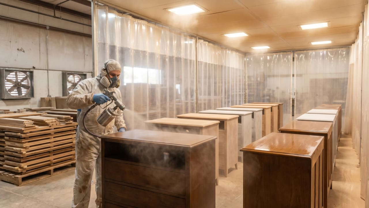 Craftsman applying catalyzed lacquer finish to hotel dresser in a commercial refinishing shop