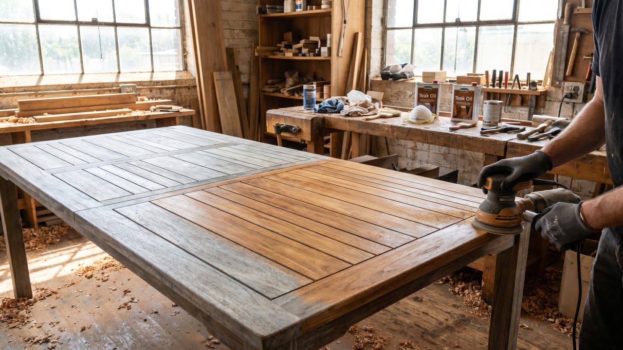 Craftsman refinishing a greyed teak outdoor dining table at Andrew's Refinishing workshop in Carrollton TX