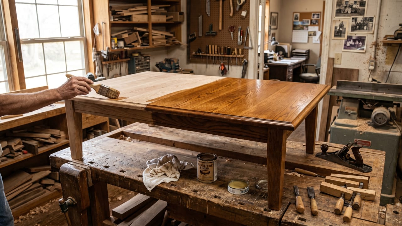Oak dining table mid-refinishing at a DFW furniture restoration workshop