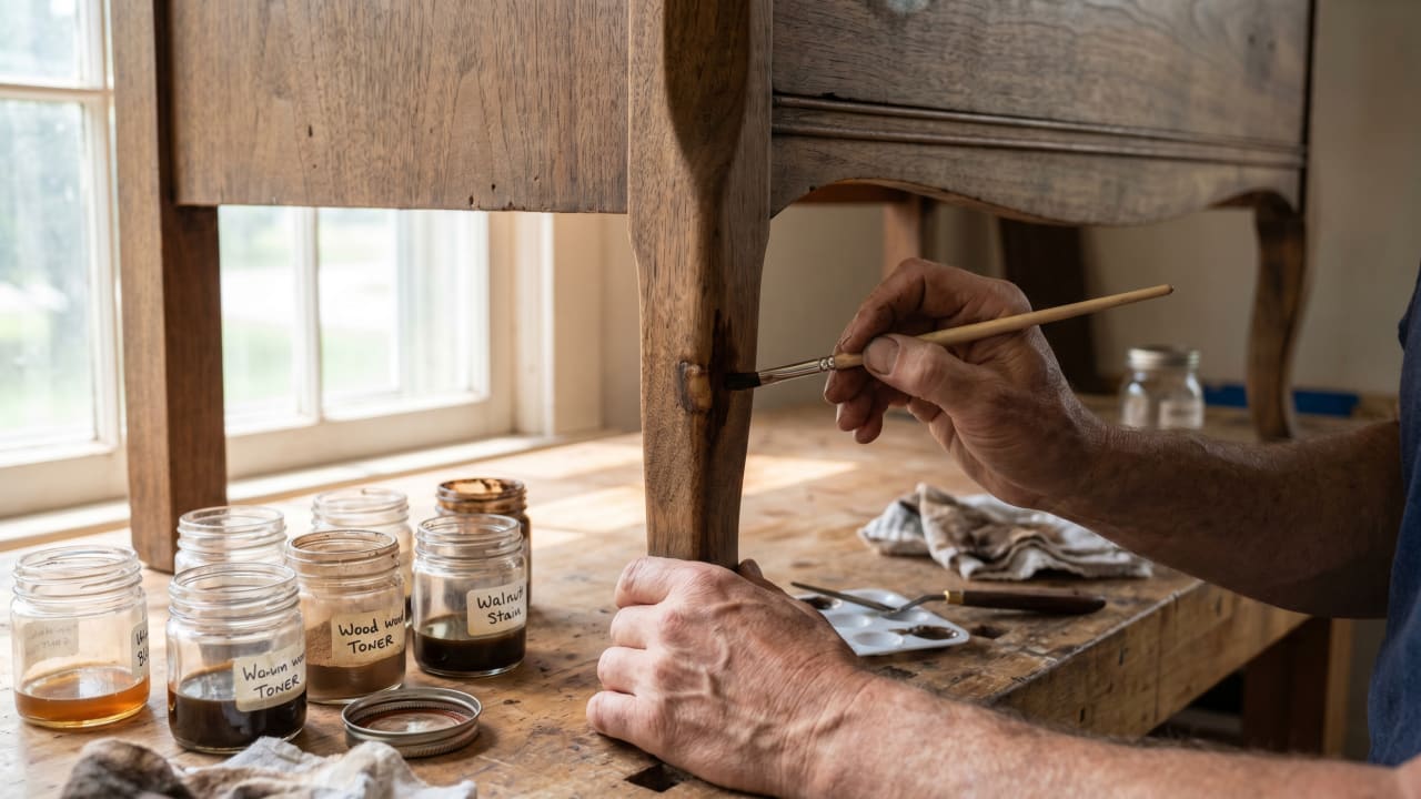 Furniture repair specialist color-matching an epoxy fill on a walnut dresser leg
