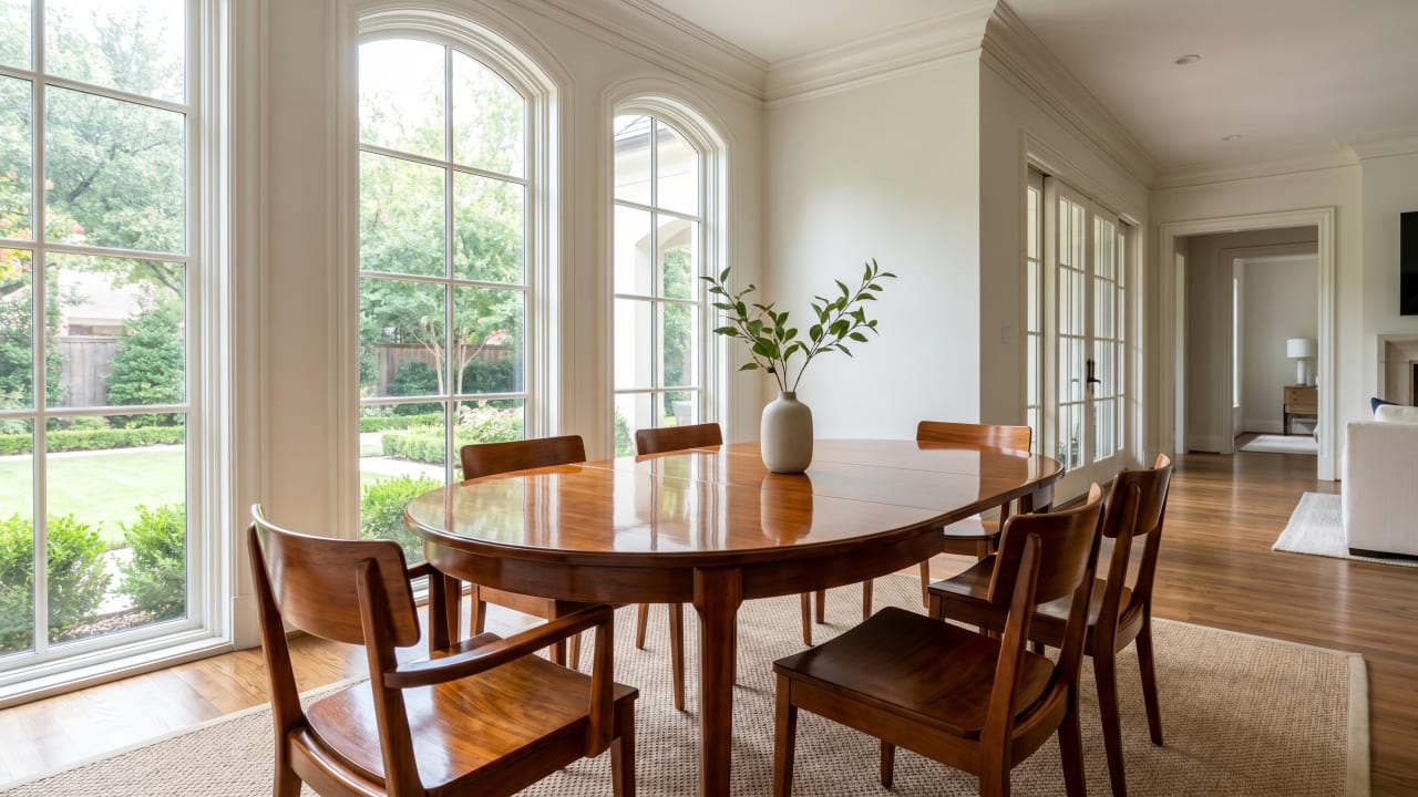 Restored mid-century mahogany dining set with fresh lacquer finish in a Park Cities Dallas home