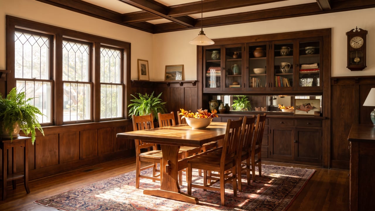 Restored oak dining set inside a 1920s Tudor-style Lakewood, Dallas bungalow