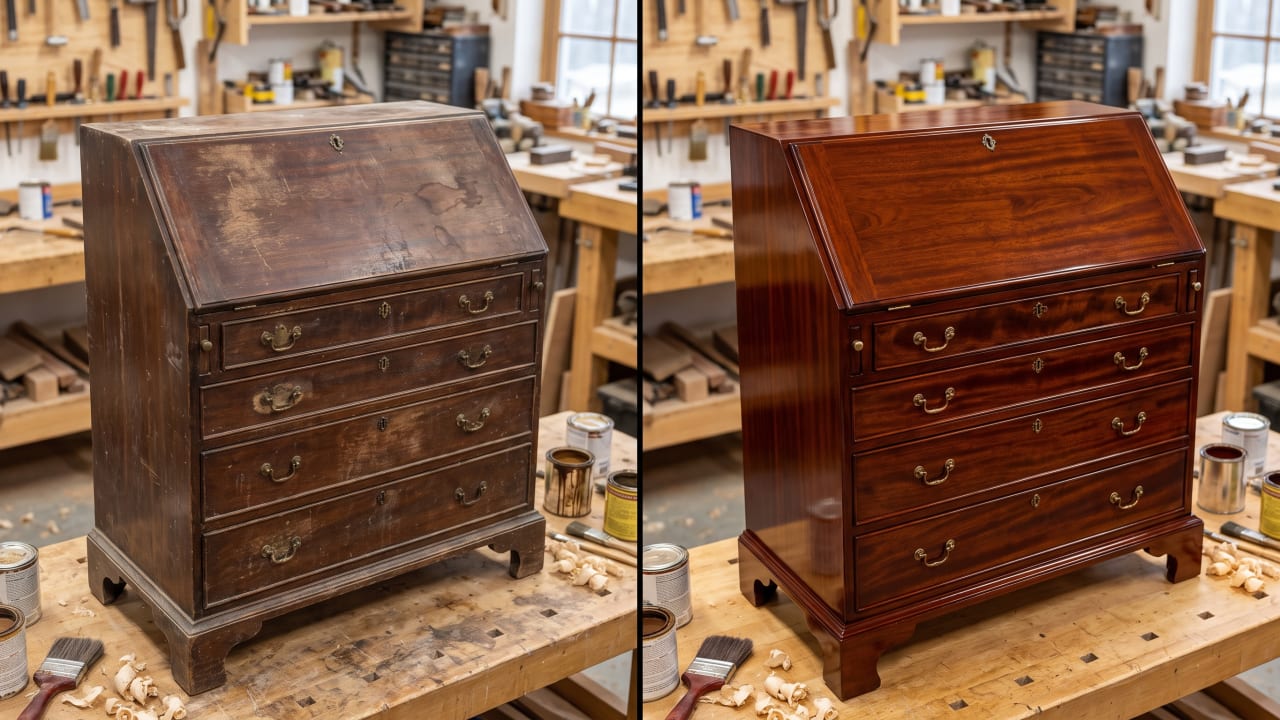 Before and after comparison of a restored antique mahogany dresser showing dull damaged finish versus refinished lacquer