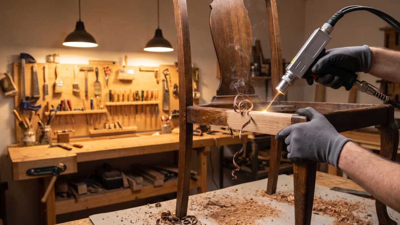 Craftsman using a laser stripper to remove old finish from a wood dining chair in a furniture refinishing workshop