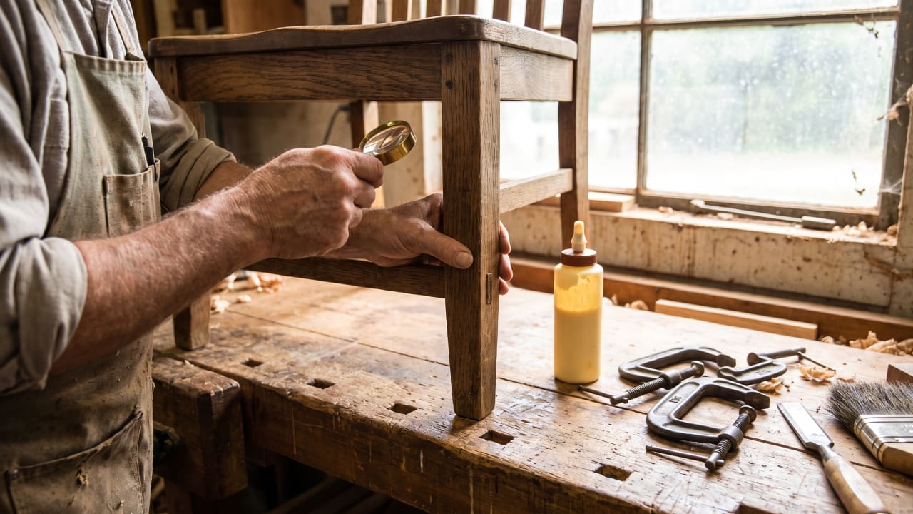 Craftsman inspecting a loose wood furniture joint before repair