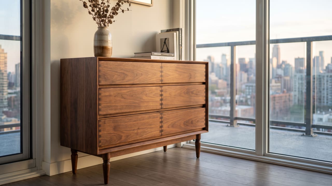 Mid-century walnut dresser in a high-rise condo interior